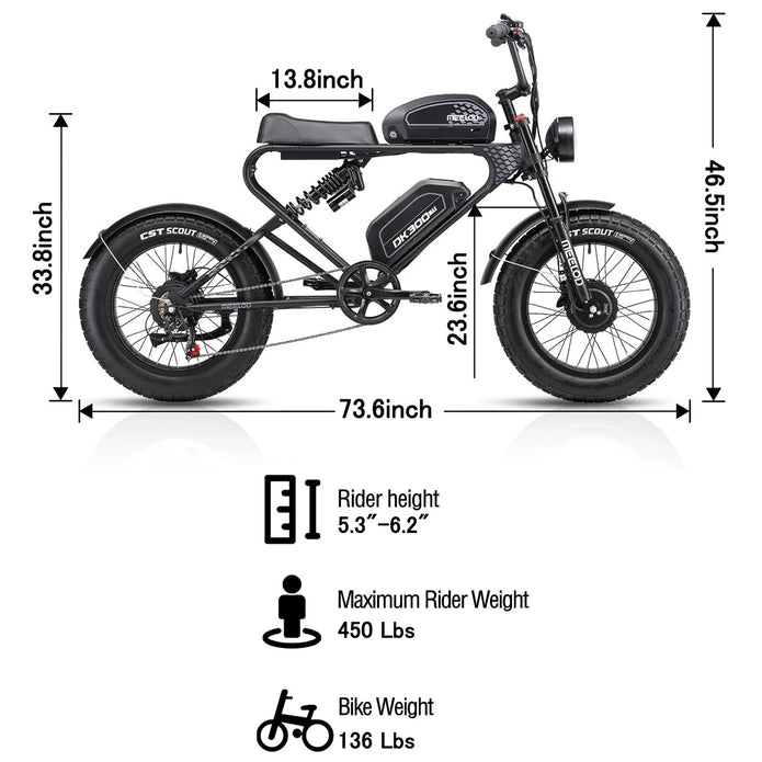 MEELOD DK300 MAX 20" Retro Moped Style Electric Bike 750W(1200W Peak) Dual Motors 48V 20Ah Dual Batteries